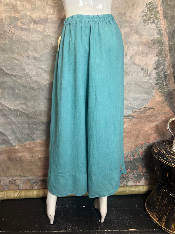 3248 Linen Button Detail Pants-Sea Blue