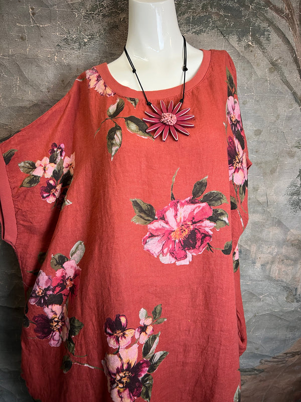 5202 Rosabella Floral Top/Dress-Burnt Red