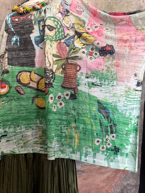 Burnout one size tunic top with whimsical tea party print in green, pink and black with colorful knotted necklace - 9