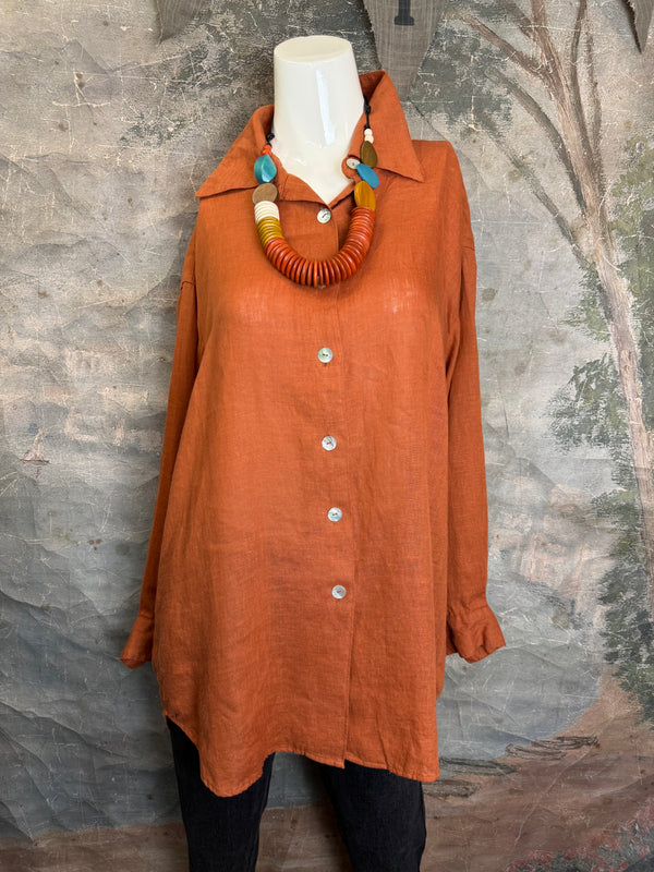 5021 Bettys Linen BF Bow Shirt-BRICK