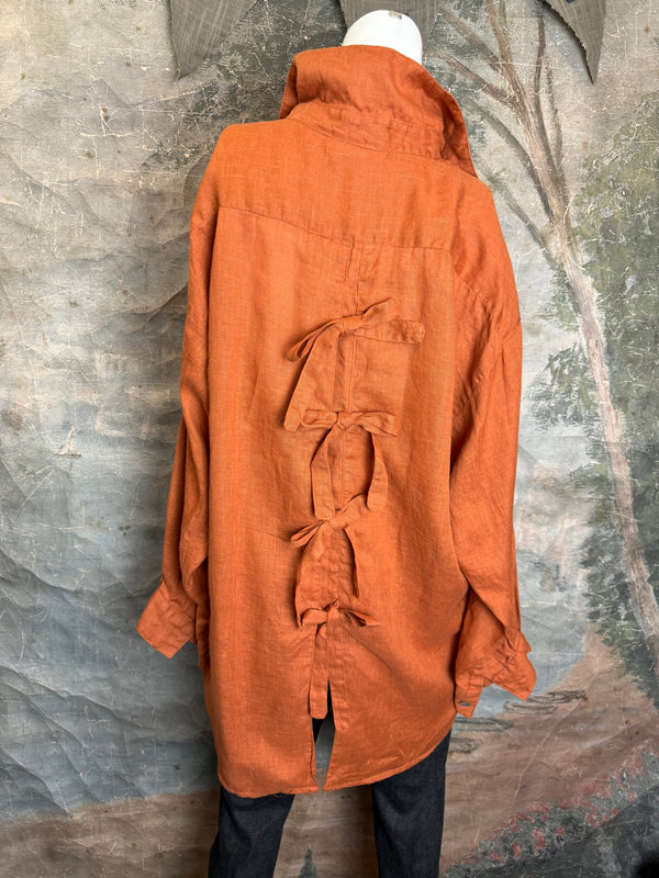 5021 Bettys Linen BF Bow Shirt-BRICK