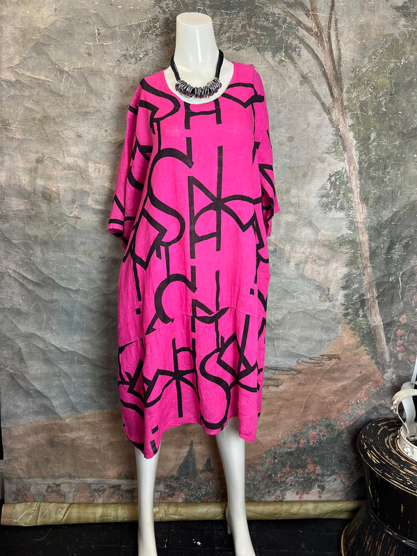 91470 S/Slv Tunic Letter Dress-Fuchsia Pink