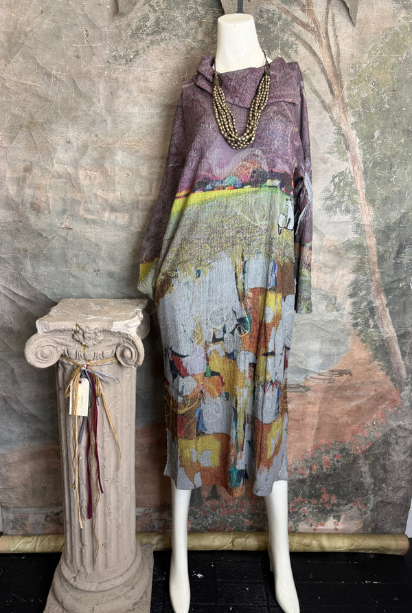 D540 Waffle Knit Cowlneck Dress in colorful abstract cat print with long sleeves and midi length - 3
