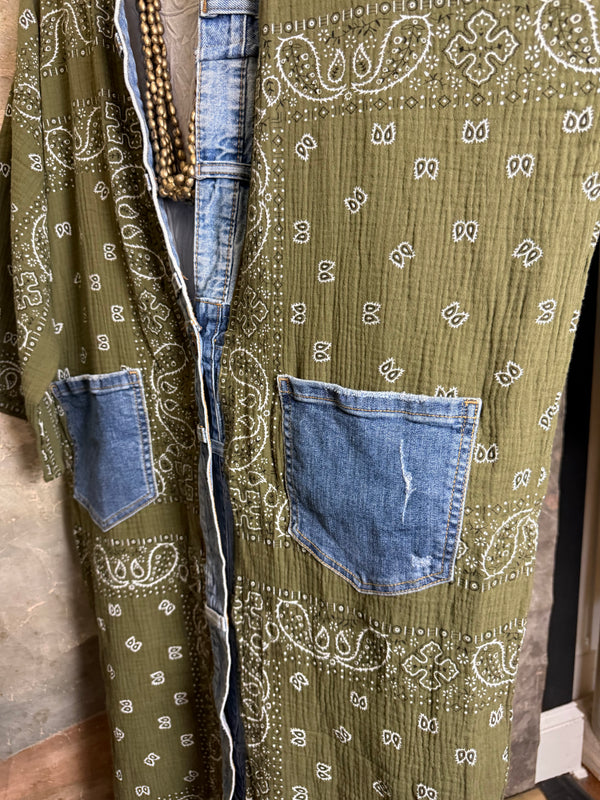 Olive bandana paisley print long kimono cardigan with light blue denim trim and front patch pockets - 10
