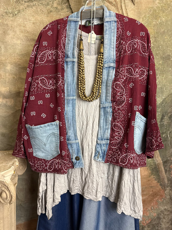 Burgundy bandana print short kimono with denim pocket accents, layered over white top and blue denim skirt with bead nec - 4