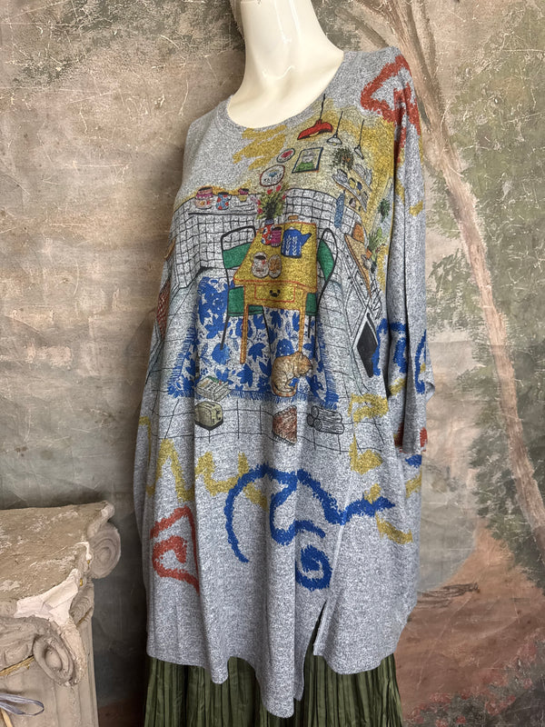Gray oversized crew pullover sweater with colorful Nona's Kitchen interior scene print and abstract brushstroke details - 8