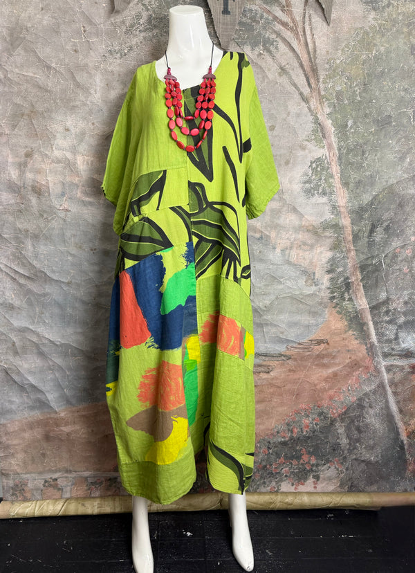 90617P-23 Linen Paint Dress-Kiwi