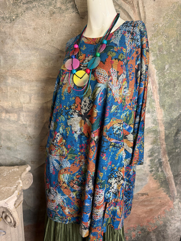 Oversized blue floral print crew pullover with orange and multicolor botanical pattern, long sleeves, relaxed fit - 2