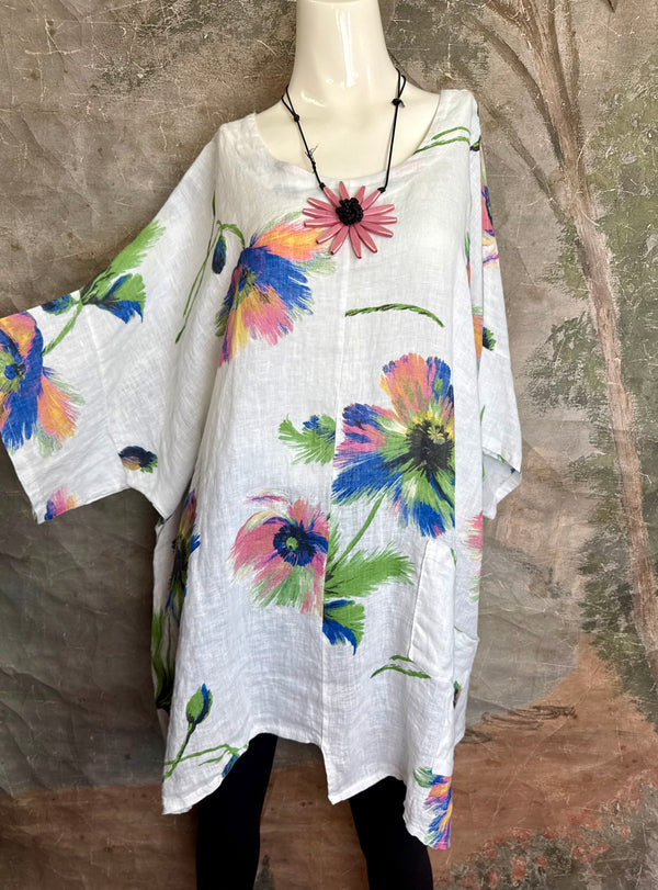 91225 Flower Garden Linen Top-White