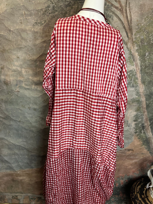 5210 Checked 3 Tier Silk Dress-Red/Check