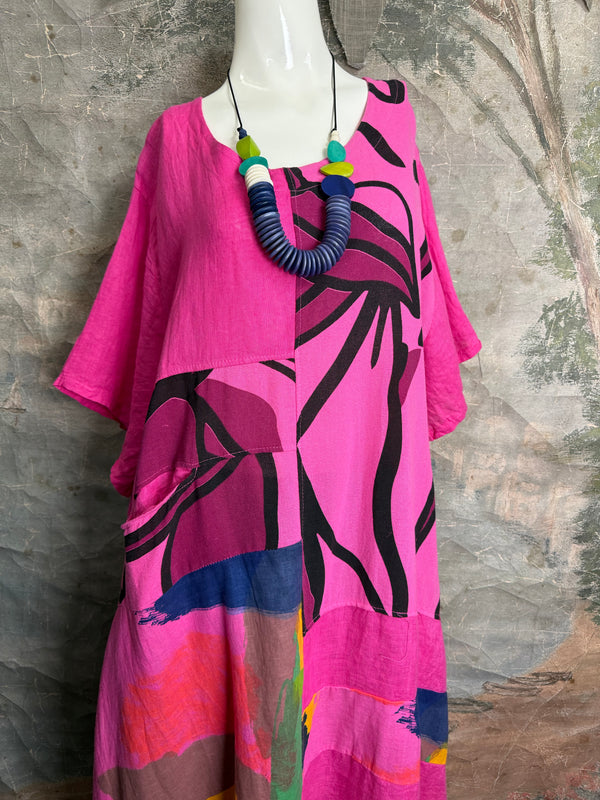 90617P-23 Linen Paint Dress-Fuchsia