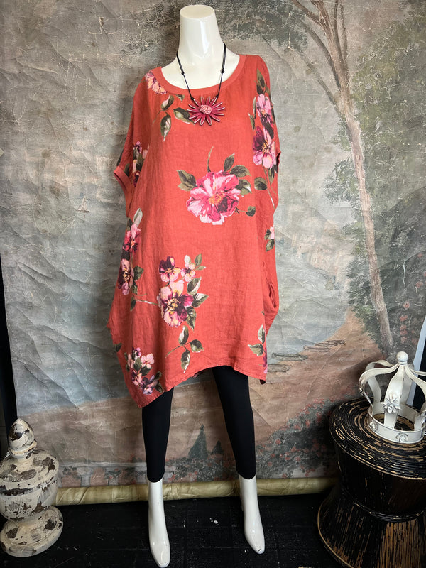 5202 Rosabella Floral Top/Dress-Burnt Red
