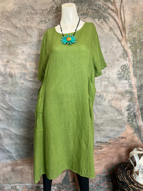 31173GN Linen Tape Accent Dress-Kiwi