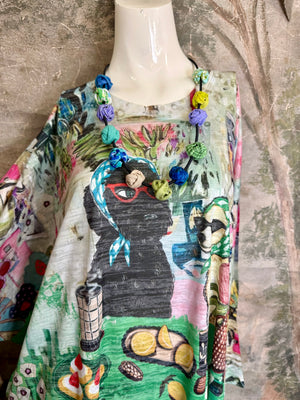 Burnout one size tunic top with whimsical tea party print in green, pink and black with colorful knotted necklace - 2
