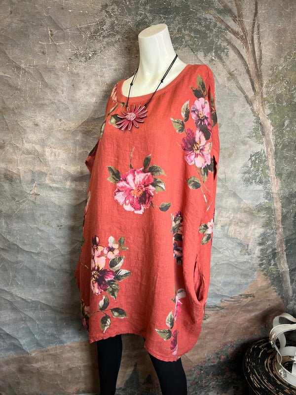 5202 Rosabella Floral Top/Dress-Burnt Red