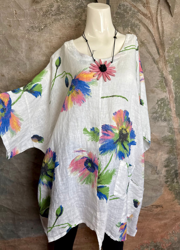 91225 Flower Garden Linen Top-White