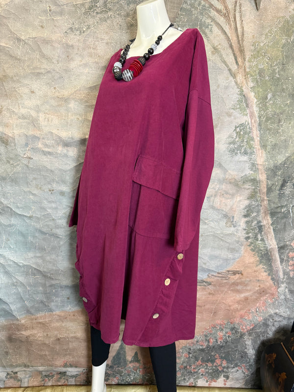 91805 Corduroy Button Dress-Burgundy