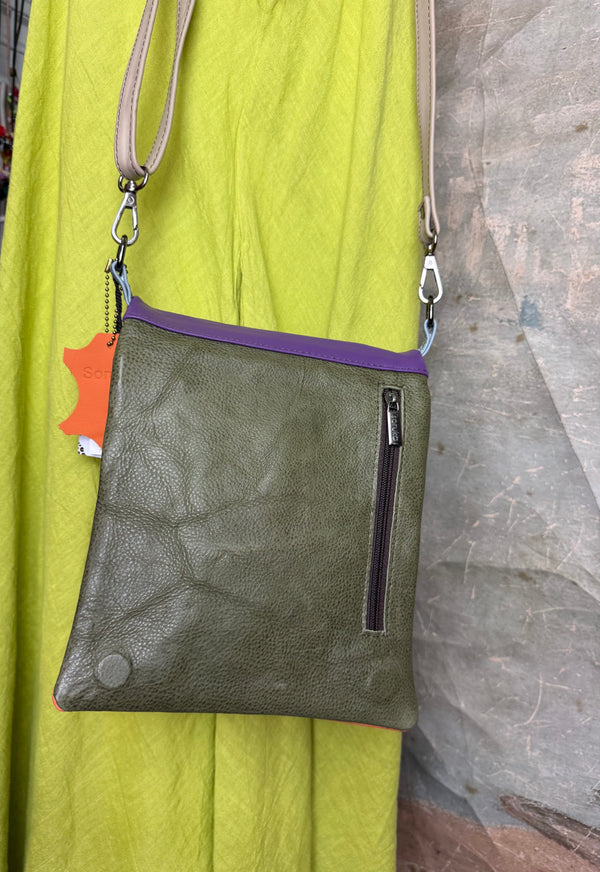 Soruka burgundy leather crossbody bag with orange trim and silver zipper, colorblock mini purse with chain strap - 26