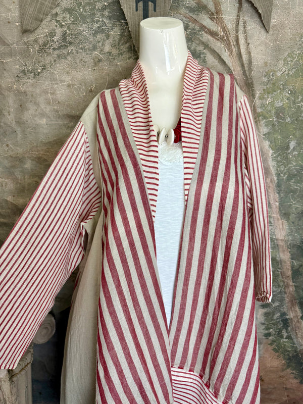 Magnolia Pearl linen duster with red stripe panels and LOVE appliqué on back, bohemian oversized fit - 4