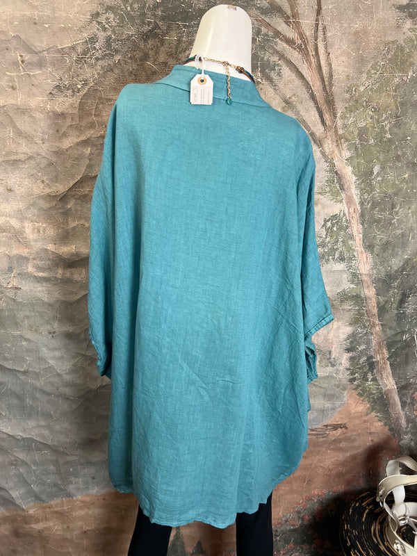 31163 Linen Mandarin Collar Top-Seablue
