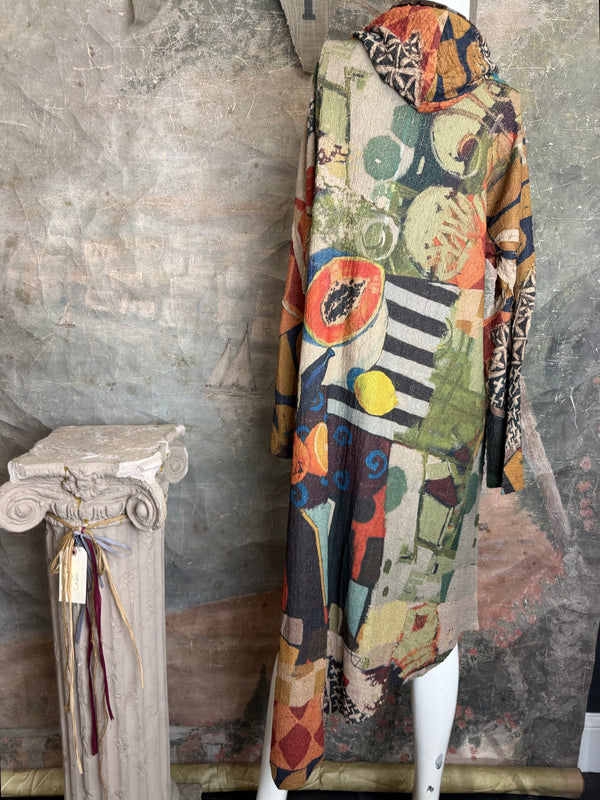 D541 waffle knit cowlneck dress featuring vibrant abstract fruit and geometric mixed print, draped on mannequin - 22