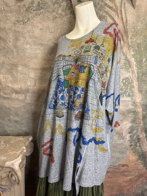 Gray oversized crew pullover sweater with colorful Nona's Kitchen interior scene print and abstract brushstroke details - 4