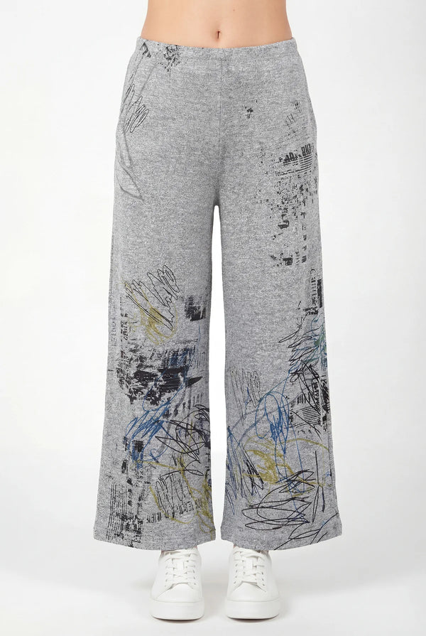 B26T wide leg palazzo pants in heather gray with abstract graffiti print, elastic waist, relaxed fit - 1