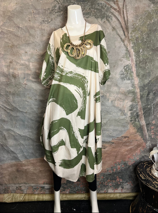 91907 ART Brush Stroke Dress-Olive