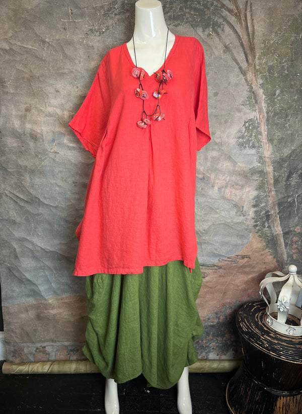 6039 O'Size Linen Pleated Tunic-Harbor Red