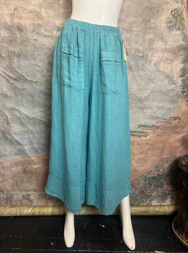 3248 Linen Button Detail Pants-Sea Blue