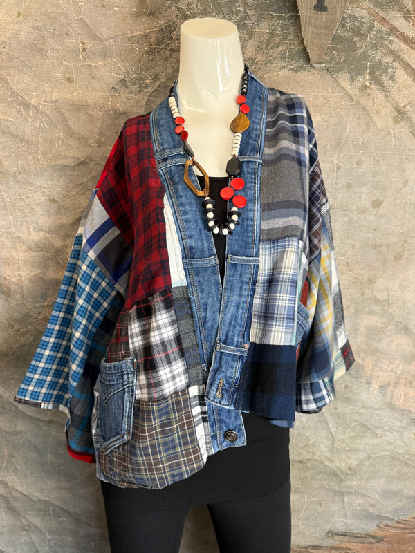 5572-Short Flannel Patchwork Duster-B