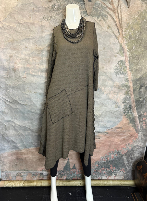 D522 Waffle Knit Pocket Dress-OLIVE