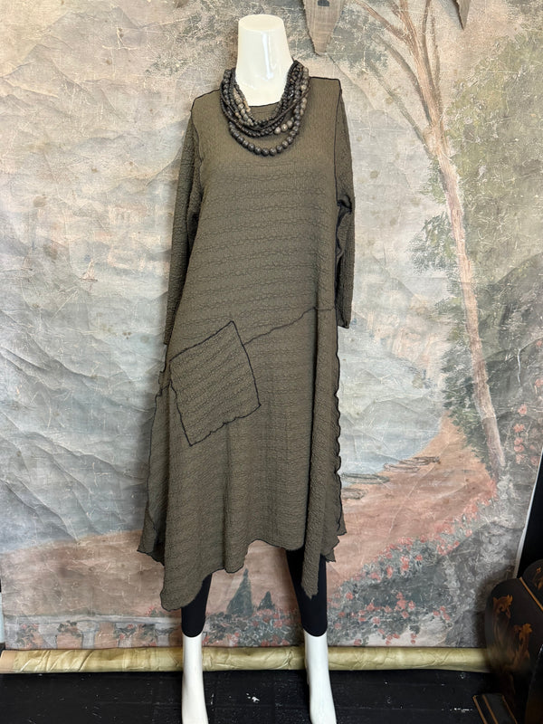 D522 Waffle Knit Pocket Dress-OLIVE