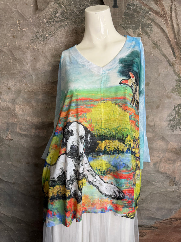 T9950 V-neck S/Slv Burnout Top-Friends FUR-EVER