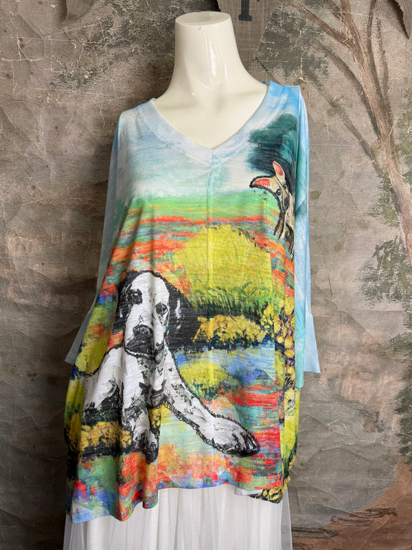 T9950 V-neck S/Slv Burnout Top-Friends FUR-EVER