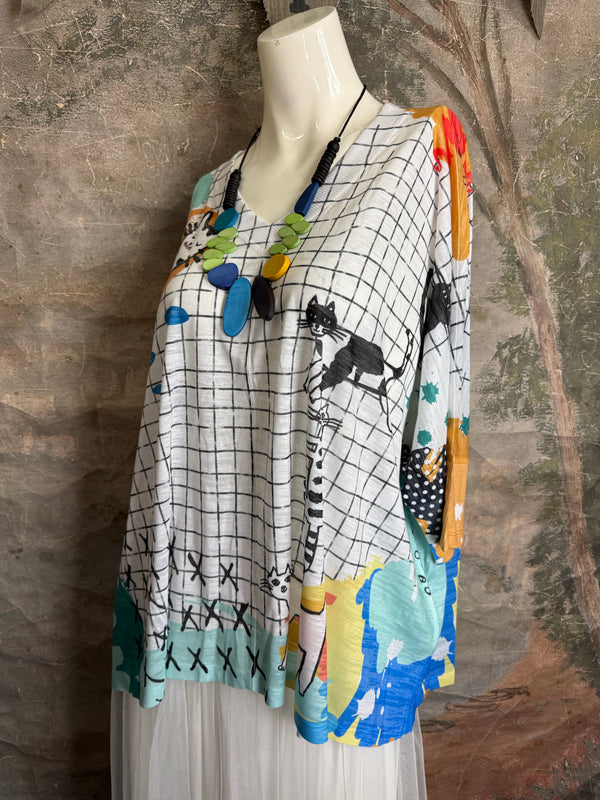 T9950 V-neck S/Slv Burnout Top-Kitty Lounge