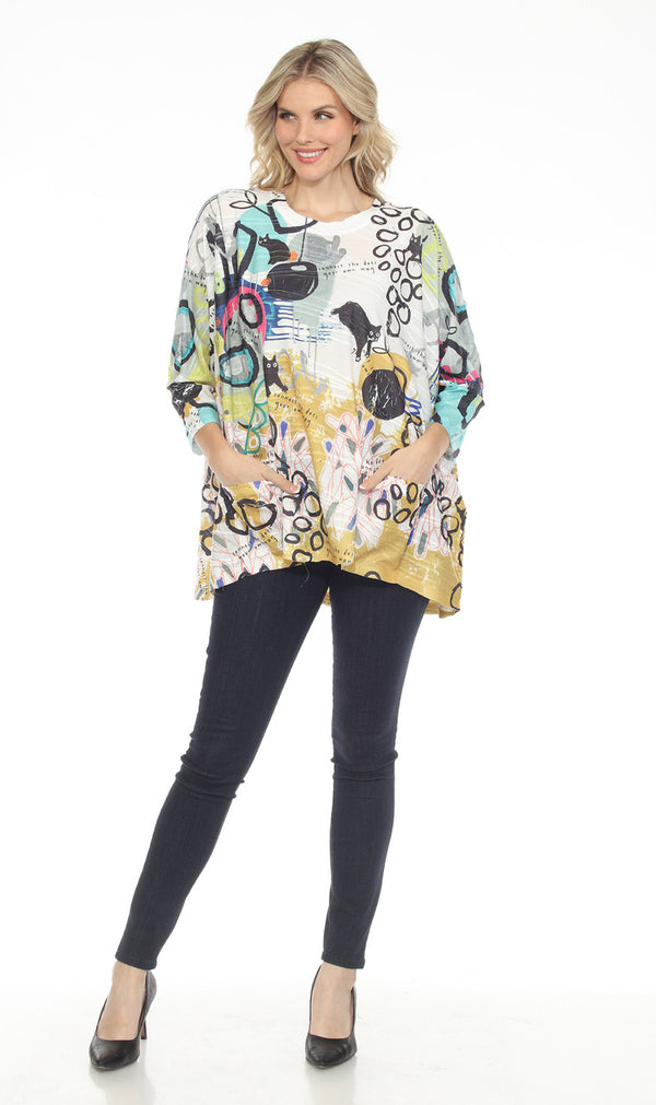 T1514 Long Slv Dolman Top/Tunic-Curious Kitty