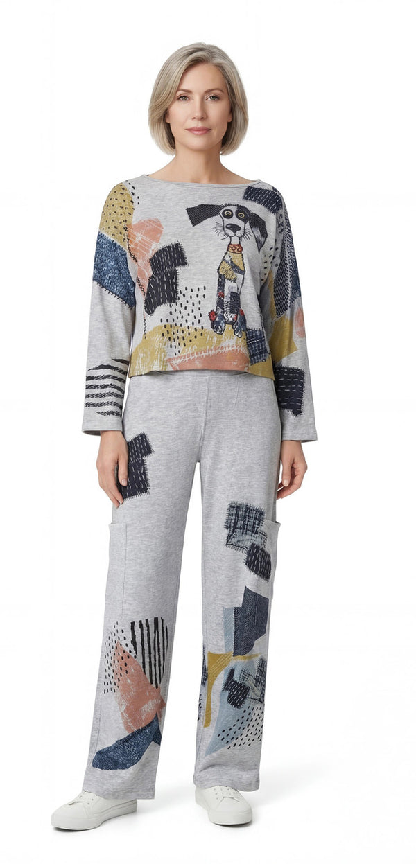 Grey loose pocket pants with abstract geometric print design, wide leg casual style, elastic waist, white sneakers - 3