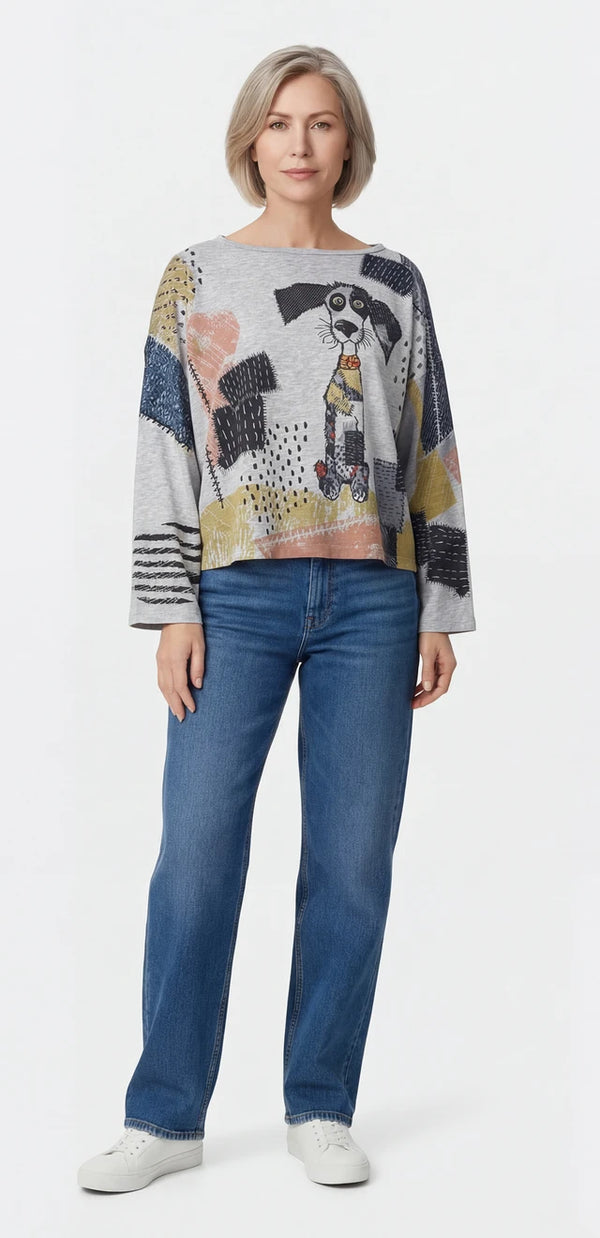 Grey loose pocket pants with abstract geometric print design, wide leg casual style, elastic waist, white sneakers - 5