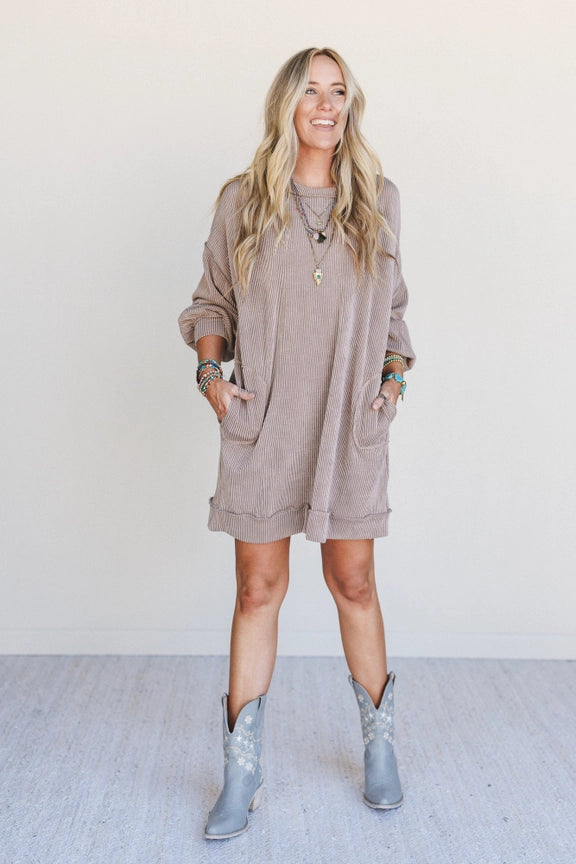 TBN1678 Moon Glow taupe ribbed mini dress with pockets, long sleeves, worn with gray cowboy boots - 5