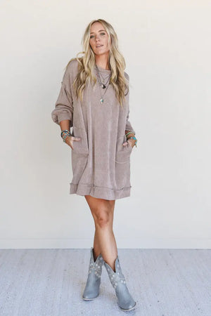 TBN1678 Moon Glow taupe ribbed mini dress with pockets, long sleeves, worn with gray cowboy boots - 1