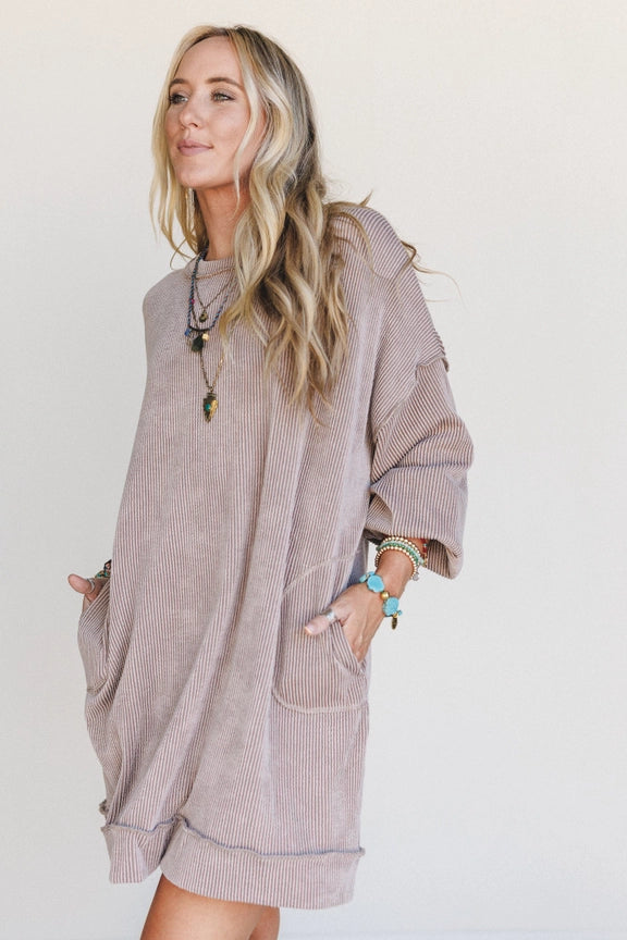 TBN1678 Moon Glow taupe ribbed mini dress with pockets, long sleeves, worn with gray cowboy boots - 6