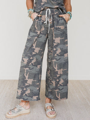 Women's TBN2046 Wanderer Wide Leg Camo Pants with drawstring waist, side pockets, and espadrille sandals - 1