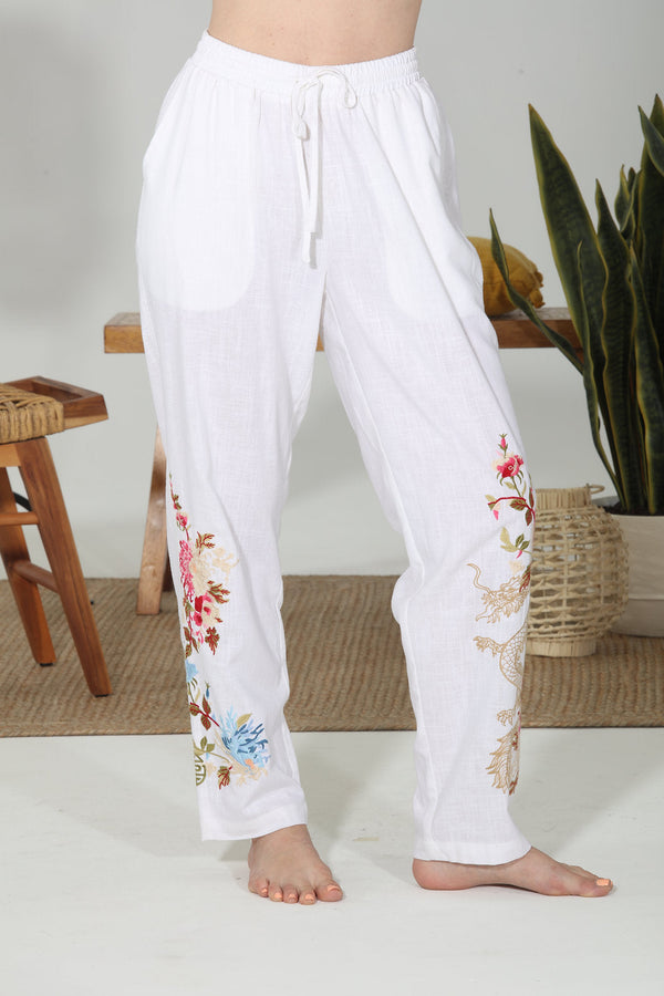 3047 Linen Tapered Pant w/embroidered Dragon-White