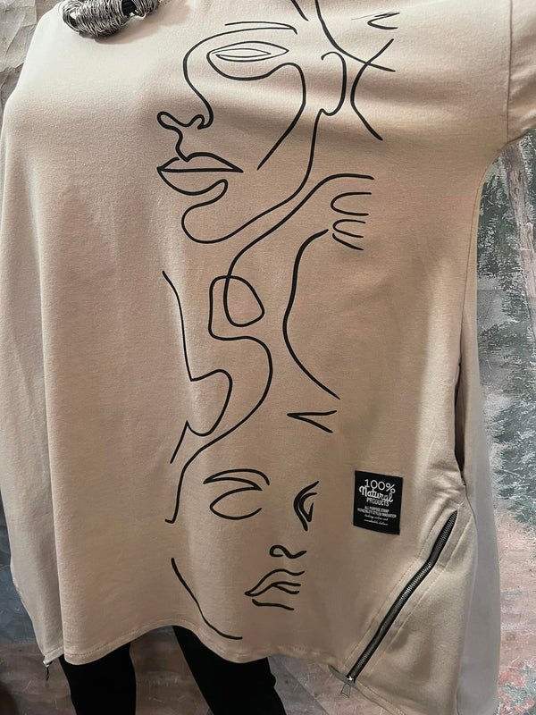 91206 Abstract Faces Sweatshirt-Beige