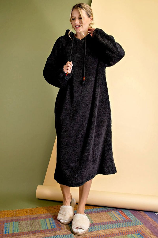 ED16690 Teddy Fur Hoodie Dress-Black