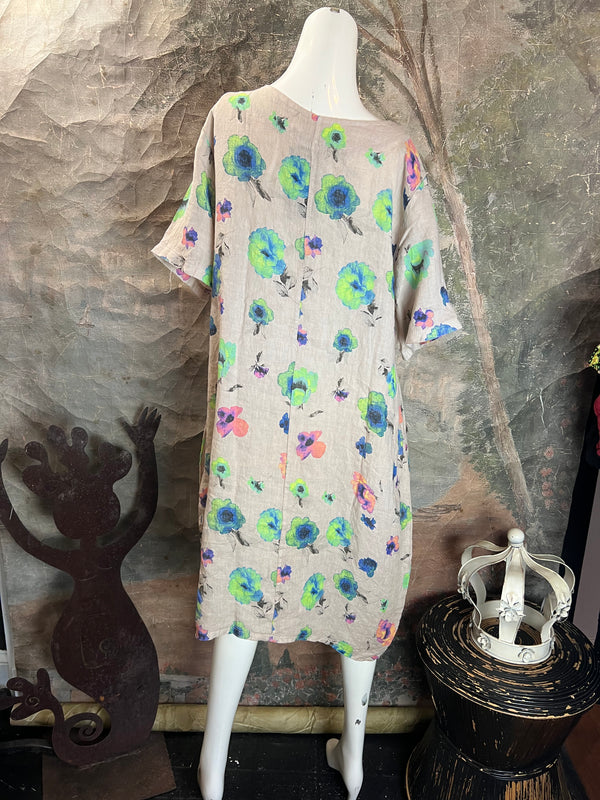 90847F-23 Linen Flower Dress-Beige